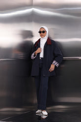 Navy Blue Jacket With A Burgundy Collar