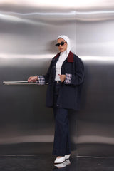 Navy Blue Jacket With A Burgundy Collar