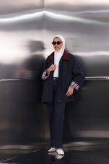 Navy Blue Jacket With A Burgundy Collar