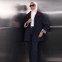 Navy Blue Jacket With A Burgundy Collar