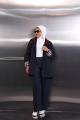 Navy Blue Jacket With A Burgundy Collar