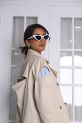 Creamy trench coat and blue striped