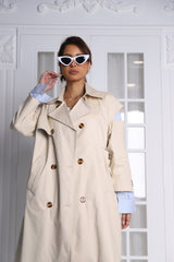 Creamy trench coat and blue striped